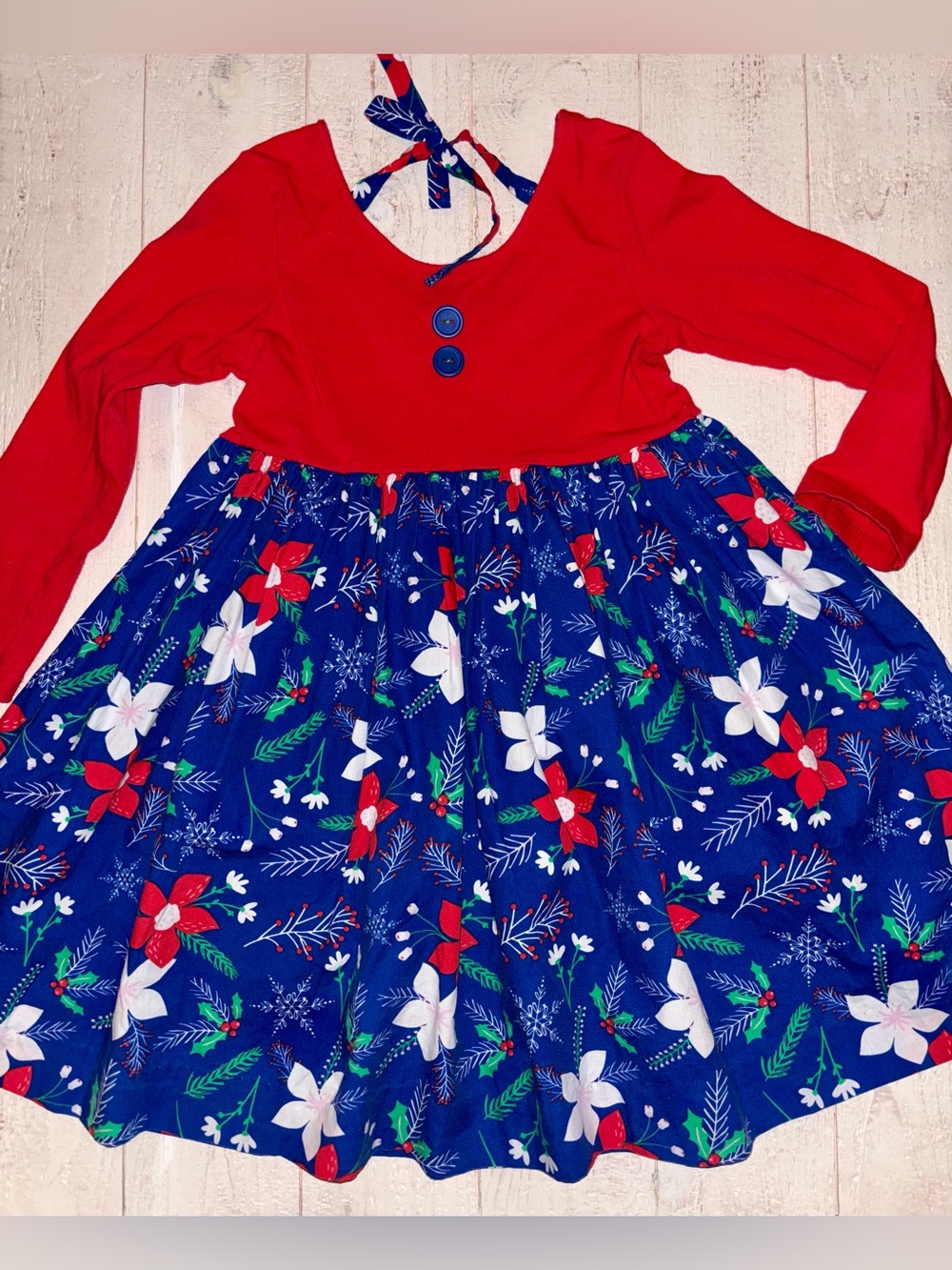 Eleanor Rose Red & Blue Floral Tie-Neck Holiday Dress